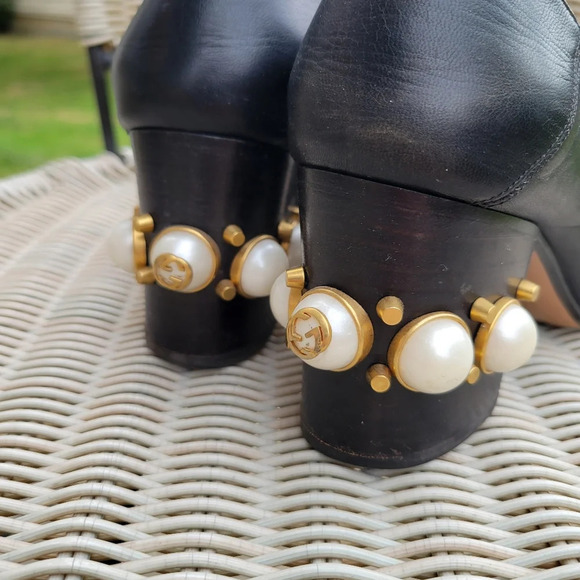 GUCCI Peyton Pearl GG Embellished Web Black Leather Mid-Heel Loafers 37 - Picture 6 of 13